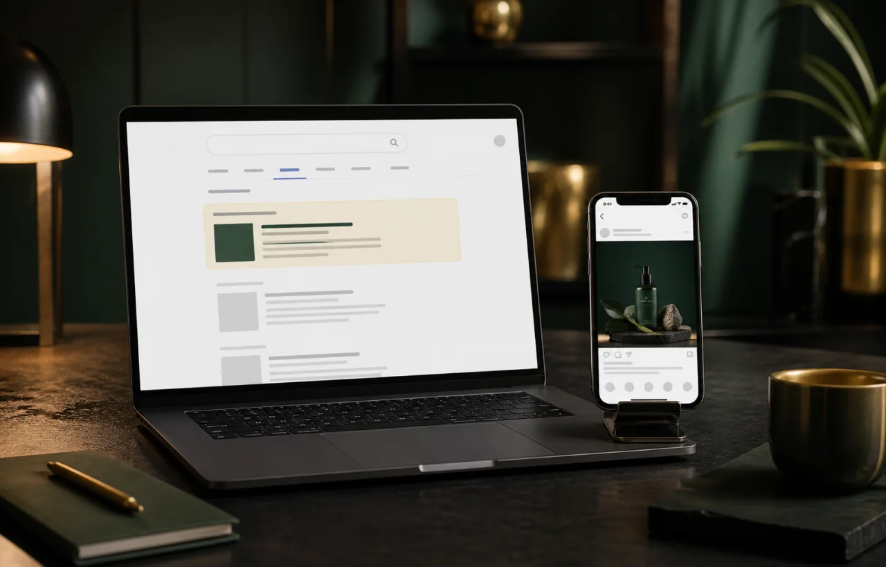 Laptop con ricerca sponsorizzata e smartphone con creatività social